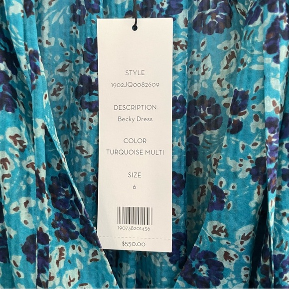 NEW Veronica Beard Becky Silk Turquoise Floral Ruching Skirt Dress Size 6 - Picture 9 of 14